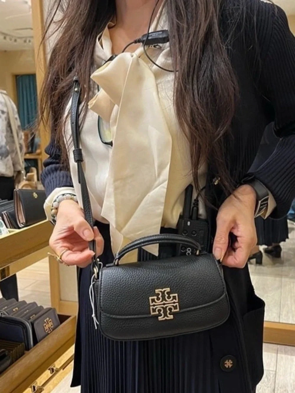 Tory Burch Black Pebbled Leather Crossbody with Gold Logo